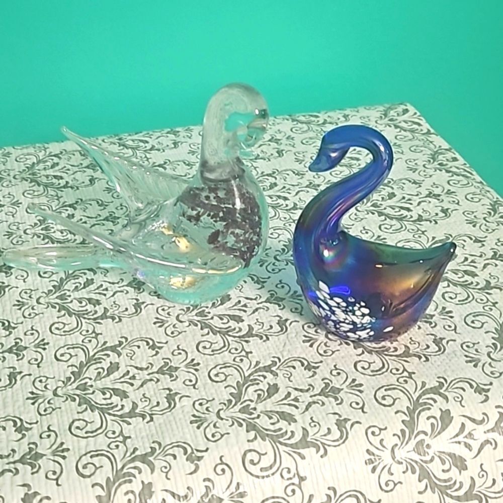 Vintage Blue Carnival Glass Swan Paperweight Pair Purple Grana Glass